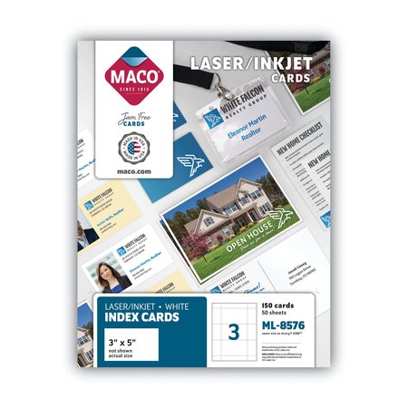 MACO Laser & Ink Jet Index Cards 3" x 5", White, Pk150 MML-8576
